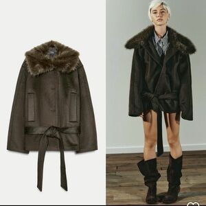 ZARA wool blend oversized coat with faux fur collar
